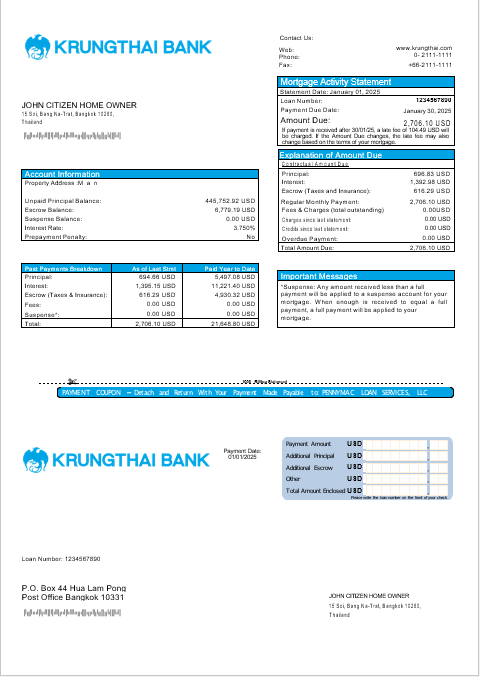 Download Thailand Krungthai bank  mortgage statement in Word and PDF formats Photoshop template